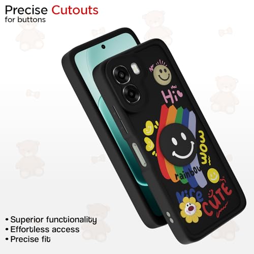 Image of Pikkme Back Cover for Oppo A6X 5G | Soft Silicone| Cute Rainbow Smile & 3D Cartoon Flower Design | Shockproof Raised Camera Protection Bumper Case (Black)