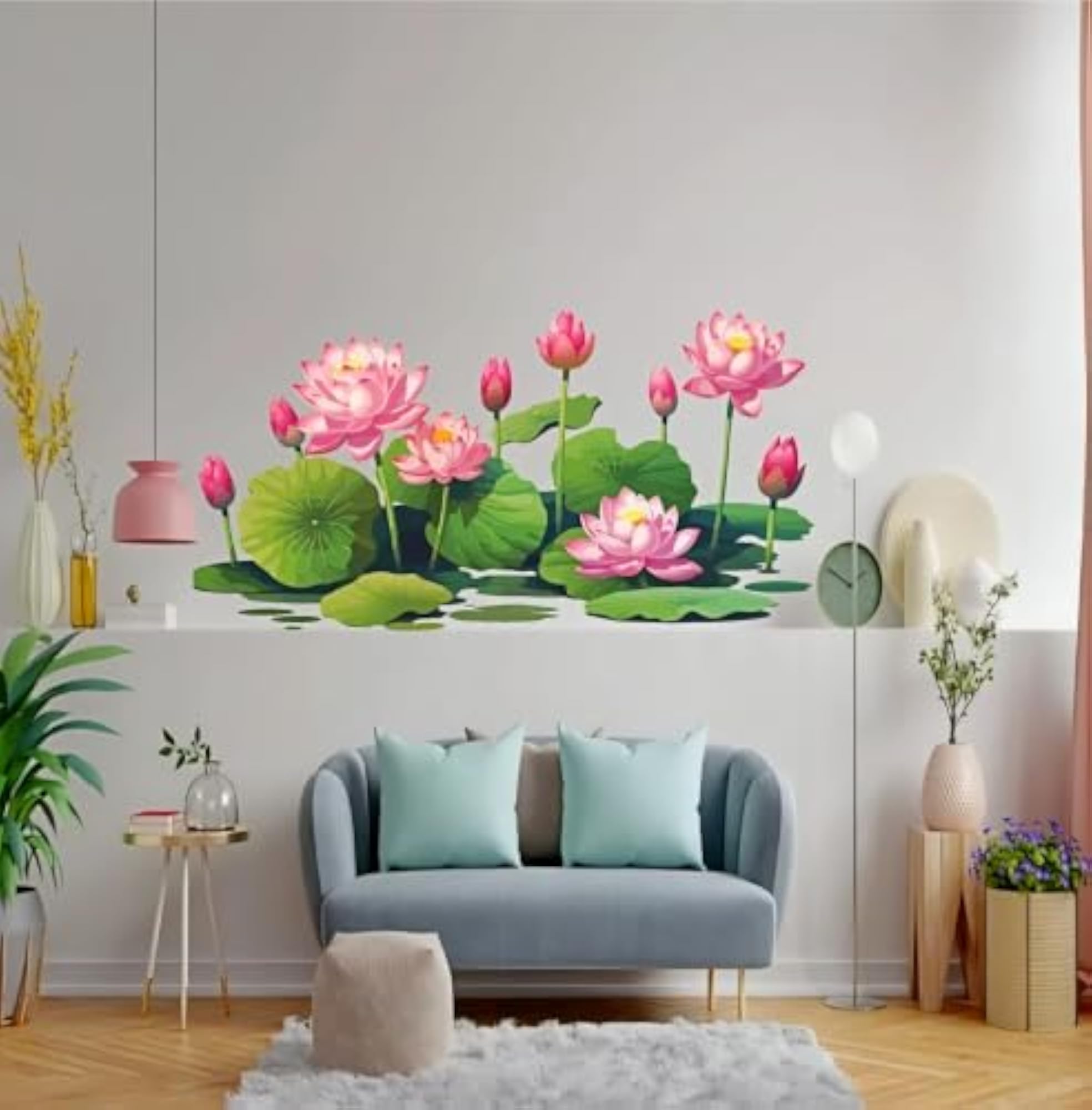 Pink Lotus Flower Wall Decal Sticker with Lily Pad Design