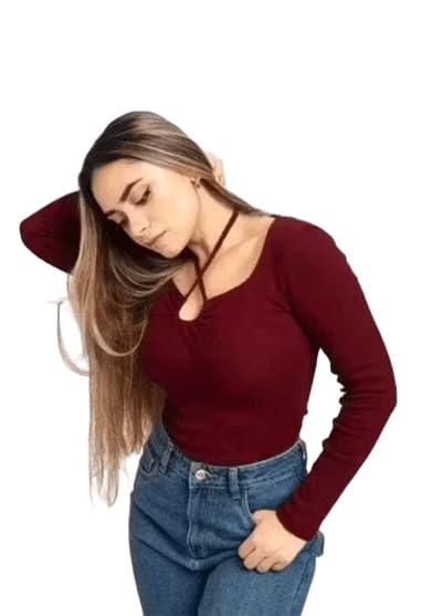 Image of Gampy Women's Lavender Long Sleeve Top, Criss-Cross Neck Design, Ribbed Knit Fitted Casual
