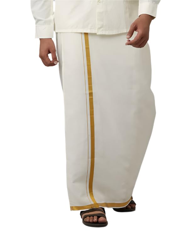 Men Readymade Single Layer Cream Dhoti with Gold Jari Border-image-14