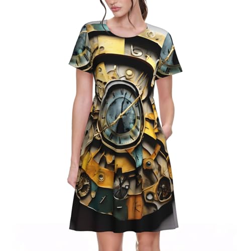 Robe d'été femme manches courtes motif horloge pour style quotidien de vacances et fêtes