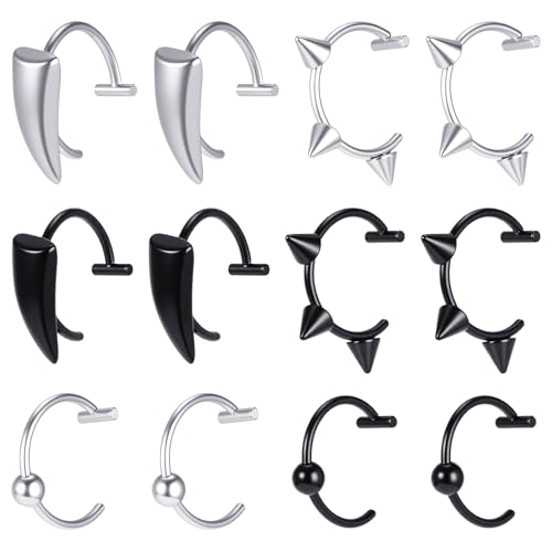 12 Pcs Fake Lip Ring Fake Snake Bite Non-Piercing Lip Cuff Ear Cuff Stainless Steel Vampire Teeth Ring Septum Nose Piercing Set for Women Men (Black Silver)