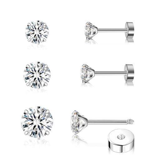 3 Pairs Flat Back Earrings for Women, Titanium CZ Stud Flat Screw Back, Hypoallergenic Cartilage Flatback, Tragus Helix Tragus Conch Piercing(3mm/4mm/5mm Gold/Pink/Silver/Black White CZ)