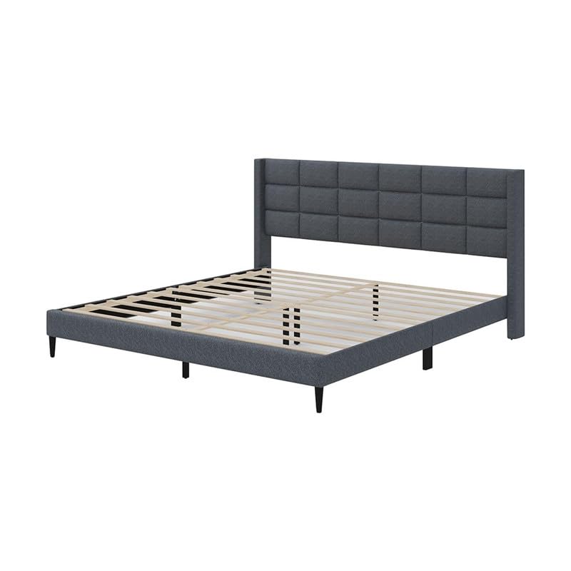 Image of Amazon Brand - Solimo Wood and Fabric Woke Upholstered King Size Bed Without Storage | Wooden Frame, Linen Fabric Headboard, Modern Design, Strong, Durable Furniture for Bedroom, Livingroom (Grey)