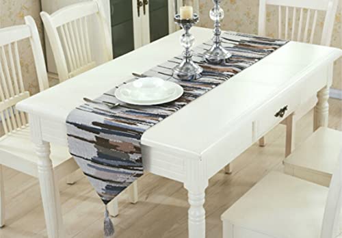 Chemin de table en nylon et polyamide bleu à lignes géométriques et finitions pompons - 6