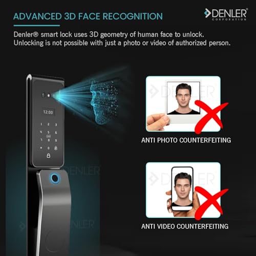 Image of Denler FLv8 9-in-1 Smart Door Lock | Alexa Voice Unlock | 3D Face ID | RF Remote | Fingerprint | IP65 Waterproof | Wi-Fi App | Card | PIN | Key | 3 Year Warranty (Black Matt Heavy)