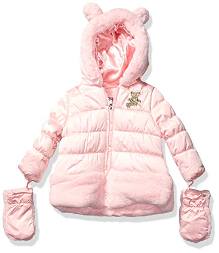 London Fog Baby Girls Matte Shimmer Satin Faux faux fur Bottom and Hood Jacket, natural pink, 18Mo