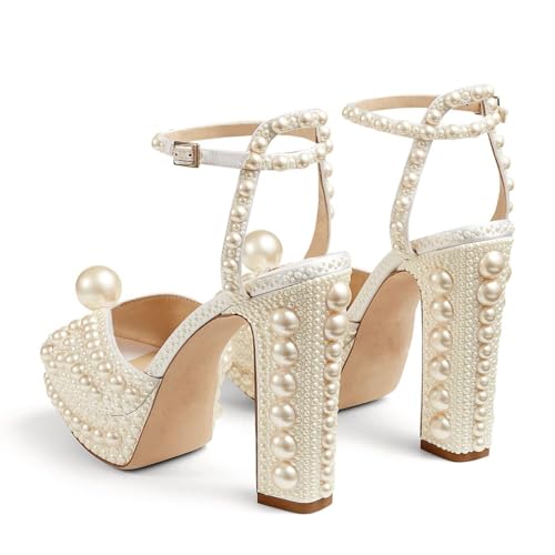 Image of Goolita Womens Open Toe Pearl Platform Heels For Women Chunky Buckle Ankle Strap Wedding Heeled Sandals Dress Evening Bride Bridal Shoes
