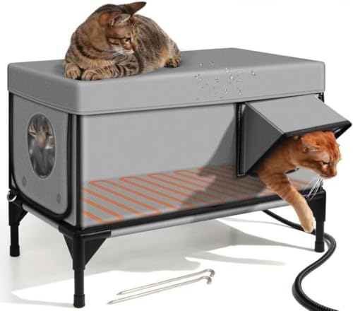 HOTGEEJP電気加熱ペットハウス、屋外用加熱猫ハウス ,暖房付き猫ハウス,キャットハウス 組み立て式 屋外 屋内 防水 防風 通気性 野良猫と小動物用、通気性 お手入れ簡単、に適しています オールシーズン冬用 耐候性 (S,グレー + 加熱パッド)