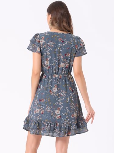 Image of Allegra K Women's Ruffle Sleeve Self-Tie V Neck Flowy Ruffled A-Line Floral Chiffon Dress
