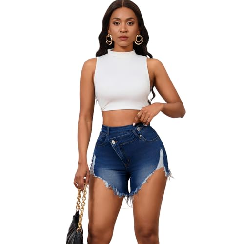 Image of PINSV Women's High Waisted Crossover Jean Shorts Ripped Hem Raw Denim Shorts