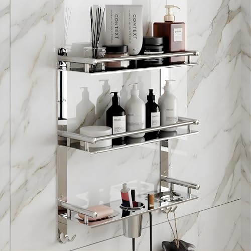 Image of GLOXY Premium 3 Layer Bathroom Shelves Rack - Wall Mount Chrome Finish Stainless Steel Bathroom Shelf with Soap Dish, Toothbrush Holder & Multipurpose Hooks - 4in1 Bathroom Fittings Accessories Set