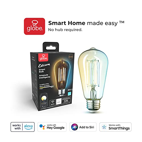 Globe Electric 34919 Wi-Fi Smart 5.5W (60W Equivalent) Straight Filament Tunable White Amber Glass Led Light Bulb, No Hub Required, Voice Activated, 2000K - 5000K, Vintage Edison Style, E26 Base #TOP6