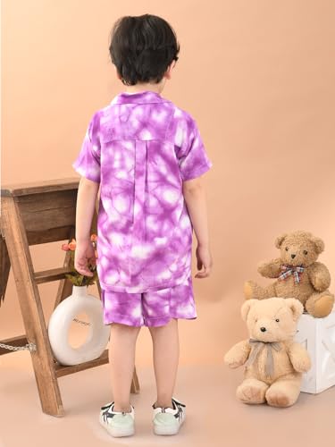 Image of superminis Baby Boys Rayon Tie-Dye Printed Co-ord Set With Notched Collar Shirt and Shorts
