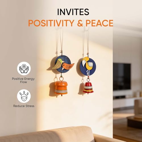 Image of Aakriti Art Creations Chirping Melody Bird Wind Chime Set | Handmade Modern Art Wooden & Metal Wind Chimes | Decorative Indoor & Outdoor Hanging for Balcony, Garden, Living Room & Gifting