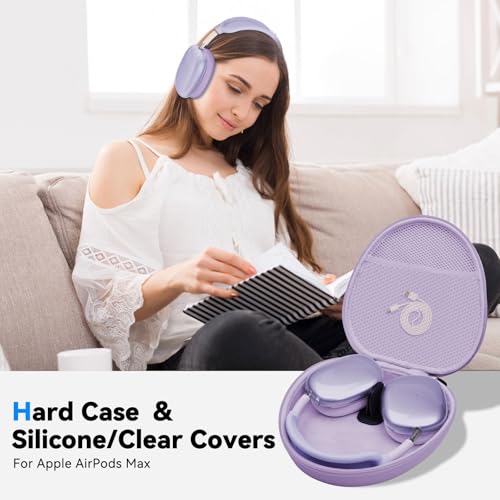 Image of Hard Case for AirPods Max 2 Supports Sleep Mode, Travel Carrying Headphone Case with AirPods Max 2 /1 Clear Ear Cups Cover /Silicone Earpad Case /Headband Cover, Protective Portable Storage Bag, Purple