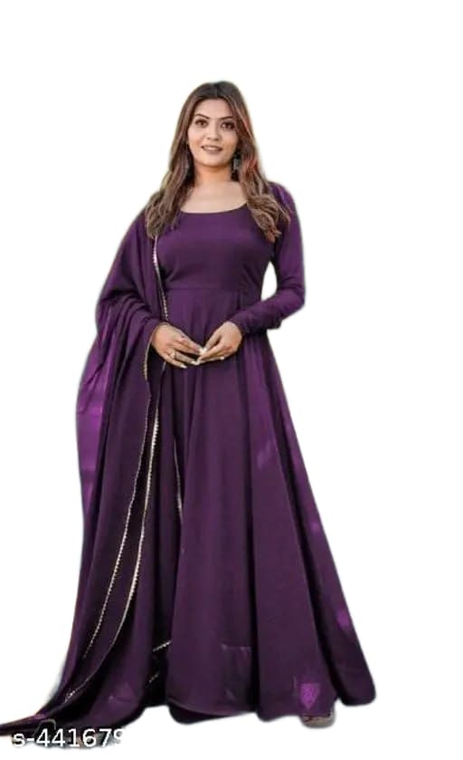 Womens Georgette Full Sleeves Round Neck Gown Featuring Solid Design with Pants and Border Design Dupatta 3 Piece Ethnic Wear (Wine)-image-41