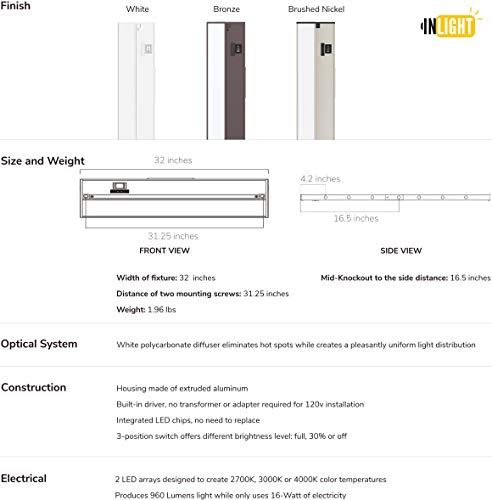 Image of GETINLIGHT 32-Inch Linkable 3CCT LED Under Cabinet Light, Hardwired /Plug-in