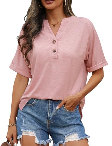 Niwicee Women T-Shirts Short Sleeve V Neck Button Tops Ladies Summer Blouse Shirts Casual Loose Tee(Pink,XL)