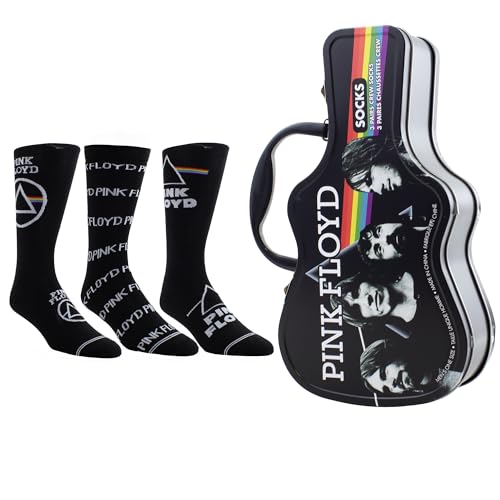PERRI'S SOCKS Pink Floyd Guitar Tin Sock Box - Licensed Pink Floyd Merchandise for Women and Men, 3 Pairs of Printed Crew Socks, Size 7-12, Breathable Fabric, Unisex
