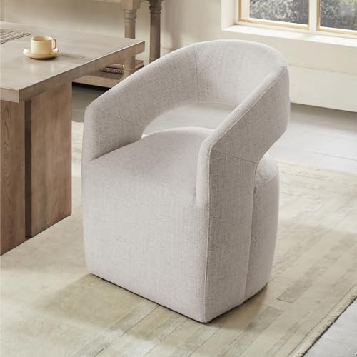 Image of KISLOT Upholstered Dining Chairs with Casters, No Assembly Modern Barrel Armchair with Rollers for Dining Room, Bedroom, Living Room, Reading Room, Home Office, Set of 1, Beige