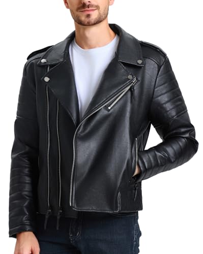 WULFUL Men's Leather Jackets, Faux Bomber Jacket for Men Motorcycle Lapel Asymmetric Zip-Up Slim Fit Biker Coat4