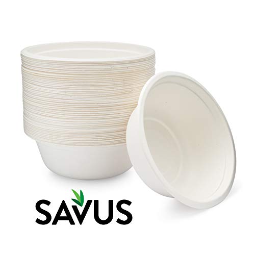SAVUS 16 Oz Disposable Bowl, [50 count] - 100% Compostable Biodegradable Heavy Duty Eco-Friendly Sugarcane Fiber Bagasse Strong Tree Free Plastic Free Party Paper Bowls