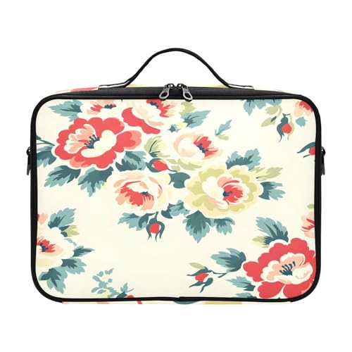 zyrtty Travel Makeup Train Case Red Flower Yellow Green Leaves Cosmetic Organizer Portable Storage Bag with Adjustable Dividers for Cosmetics Brushes Toiletry Jewelry Digital Accessories
