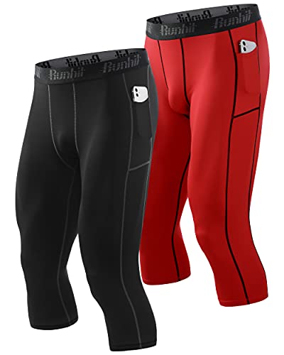 Runhit 3/4 Compression Pants Men with Pockets(2 Pack),Running Pants Tights
