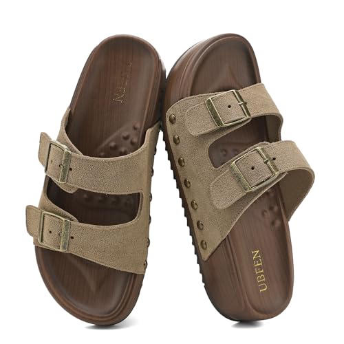 Image of UBFEN Womens Platform Slide Sandals | Real Leather,Buckle Sandals with Cushioned Flatform Footbed,Comfortable for Walking,Arch Support,Casual Styling