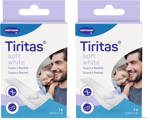 TIRITAS Soft: Apósitos de color blanco fabricados en suave papel. Indicadas para pieles sensibles y delicadas. Protección suave para pequeñas heridas; Recortables; 8cmx1m; 1 unidad (Paquete de 2)