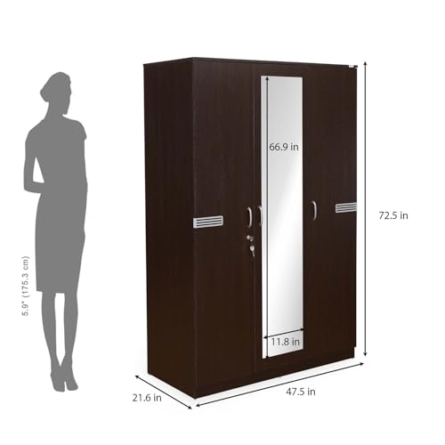 Image of Nilkamal Riva 3 Door Wooden Wardrobe with Mirror for Bedroom | Almirah with 7 Shelves, 2 Hanging Rods, 1 Lockable Drawer | Clothes Cupboard | Engineered Wood | Wenge