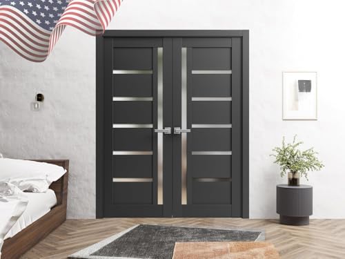 SARTODOORS Interior French Doors 60 x 80 Solid Double Swing Door with Frosted Glass, Black Matte – Quadro 4088