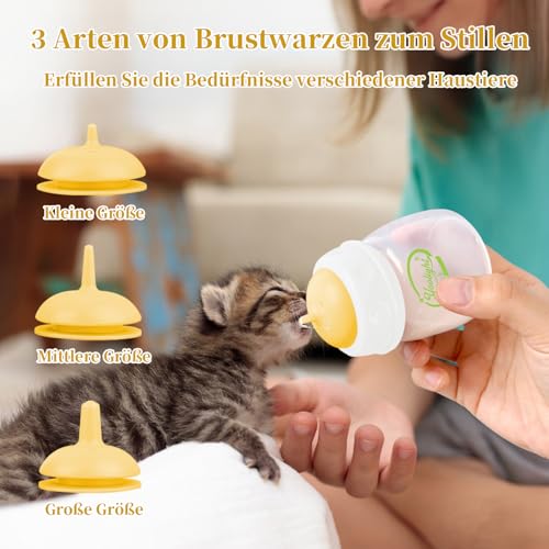 Haustier-Fütterungsflasche, 3-Pack 60ml Stillflasche, 3-Größen Nippel mit Ventilationsventil Resistent Tearing Perfekt für Welpen, Kätzchen, kleine Wildtiere (gelb)