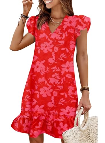 Image of QACOHU Spring Summer Dresses for Women 2026 V Neck Cap Sleeve Ruffle Hem Smock Short Casual Beach Dress
