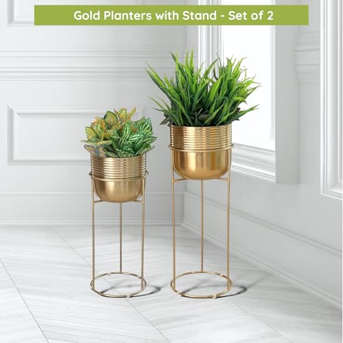 Image of Decorative Ribbed Gold Planters with Stands for Indoor Plants | Electroplated Gold Metal Planters for Living Room Bedroom Balcony Home and Office | Set of 2