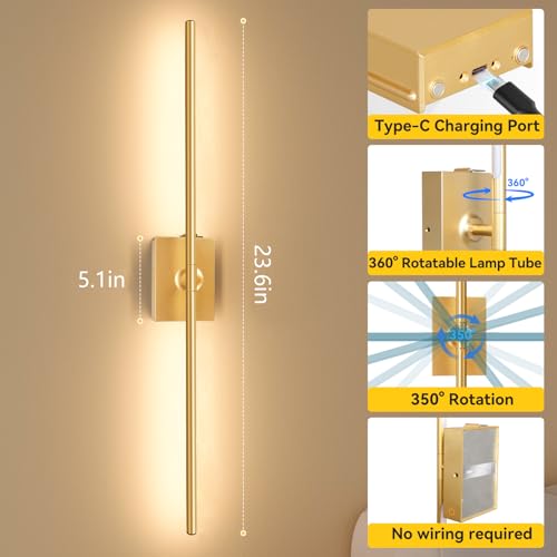 Image of Ouyulong Battery Operated Wall Sconces Set of 2, 10000mAh Wireless Rechargeable 3000-6000K Dimmable 350 Rotate Wall Light with Remote for Living Room, Bedroom 23.6in Gold