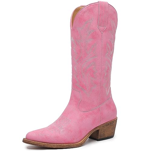 GLOBALWIN Women's Mid Calf Western Cowboy Boots Cowgirl Boots for Women with Floral Embroidery Side Zipper Chunky Heel