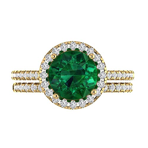 Clara Pucci 2.82 ct Round Cut Halo Solitaire Genuine Simulated Emerald Designer Art Deco Statement Wedding Ring Band Set 18K Yellow Gold