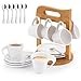 Produktbild JUJOYBD Espressotassen 6er Set mit Holz Ständer, 6 x 80ml Porzellan Espresso Tassen mit Untertassen Set, Mokkatassen Kaffeeservice für 6 Personen, weiß