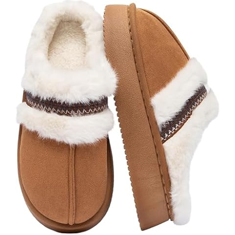 Fuzzy Slippers for Women & Men - Cozy Platform House Shoes with Anti-Slip Sole, Warm Plush Lined Indoor Outdoor Short Ankle Slippers (Brown, US, Adult, Women, 8.5, Numeric Range, US Footwear Size System, 9, Medium) Cover