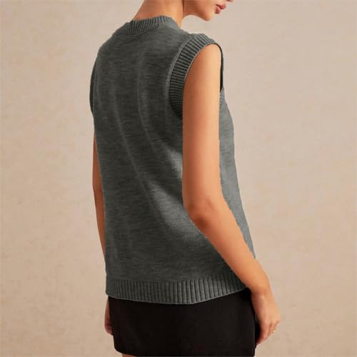 Image of Women Button Down Knit Sweater Vest Casual Loose Fit Crew Neck Sleeveless Button Front Knitted Sweater Cardigan