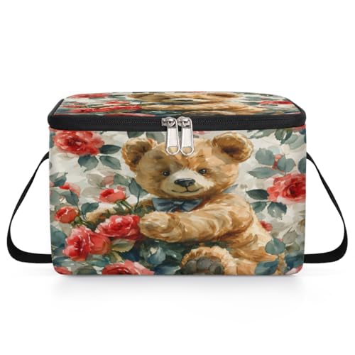 GzLeyigou Bear with Red Roses Lunch Bags for Women Men 9 Cans, Hot & Cold Food Delivery Bag Insulated Grocery Bag Insulated Lunch Box Valentine's Day Cooler Bag for Office Work Picnic Beach
