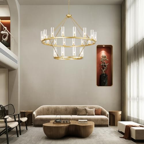 Image of 48 Inch Large Gold Wagon Wheel Chandelier with Clear Glass Shade 2 Tier 24-Lights Round Pendant Light Farmhouse Industrial Chandeliers Dining Room Light Fixture for Stair Living Room Foyer