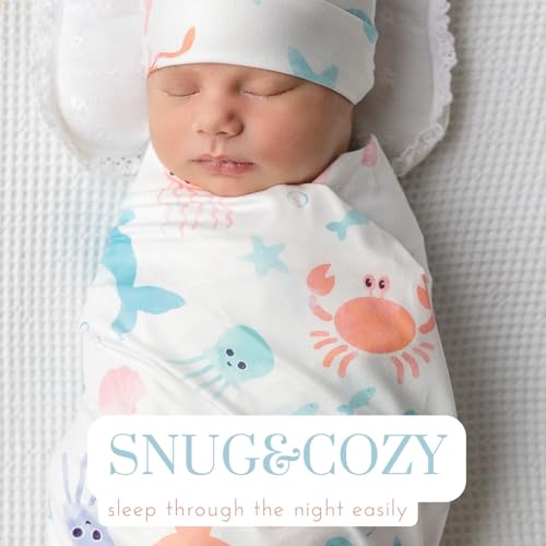 Image of Newborn Swaddle Sets with Headband Beanie and a Name Card Baby Snug Wrap Receiving Blanket for Baby Boys Girls (Blue and Pink Fish)