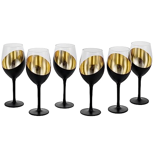 MyGift - Copas de vino con tallo en color negro mate, tiene detalles en color dorado en el interior. Su capacidad es de 14 oz, juego de 6 copas