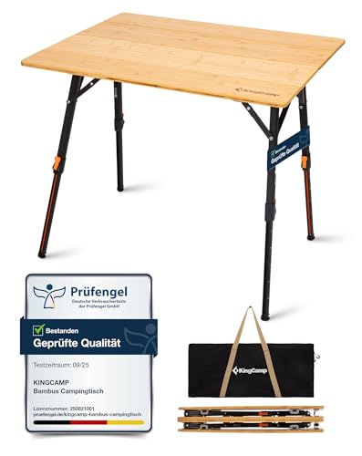 KingCamp Campingtisch Bambus 80 x 60 cm Klapptisch h&ouml;henverstellbar 42~70cm f&uuml;r 2-4 Personen 4 Falten Campingtisch Klappbar belastbar bis 80kg