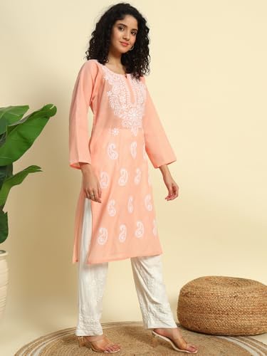 Image of FCH, Fashionable Chikan Handikraft Women's Cotton Lucknowi Chikankari Printed Straight Kurta for Regular Wear Girls Flared Kurta