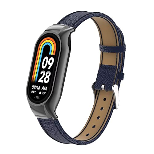 T-BLUER Compatible with Xiaomi Mi Smart Band 8 Strap,Mi Band 8 Leather Replacement Bracelet Band Wristband Accessories with Metal Frame for Xiaomi Smart Band 8 Blue