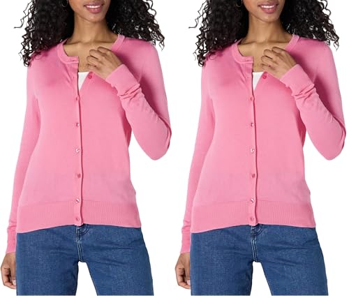 Image of Amazon Essentials Women's Lightweight Crewneck Cardigan Sweater (Available in Plus Size), Pink, XX-Large (Pack of 2)
